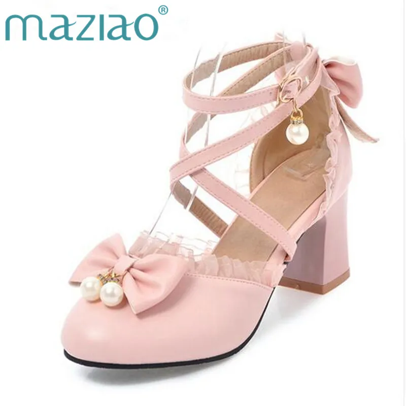 

MAZIAO High Heels 2018 Women Shoes Ankle Strap Pumps Spring Bow Pearls Lace Shoes Thick High Heels Party Shoes Big Size 34-43