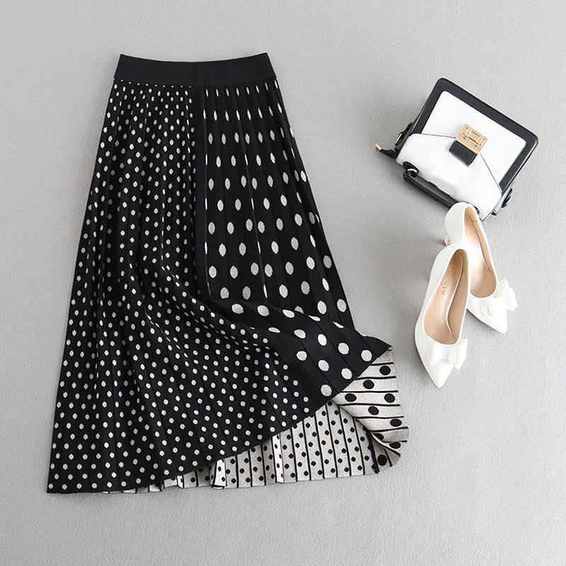 

2019 High Waist Spring Women Knitting Dots Print Women Long Skirt Stretch Vintage Women Winter Skirt Faldas Jupe Femme Saia