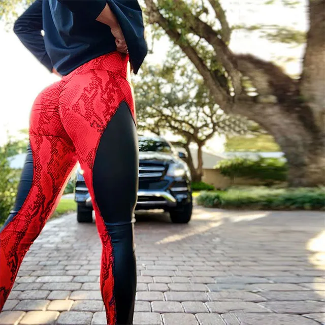 2019 PU Leather Stitched Snakeskin Print Fitness Leggings Sexy Splice Women Booty Push Up Leggins Black Skinny Dry Quick Pants 5