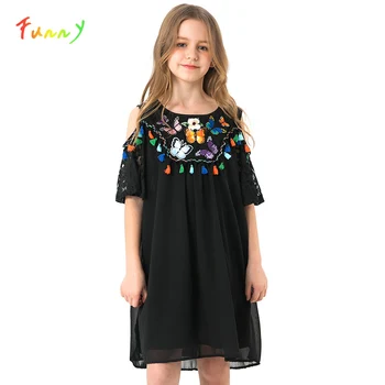 

Black Cold Shoulder Butterfly Embroidery Princess Dress Girl Costume 2019 Summer Short Sleeve A Line Boho Tassel Lace Kids Dress