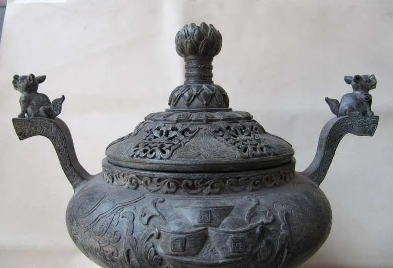 

12" Tibet Buddhism Pure bronze Copper Yuan Bao money beast incense burner Censer