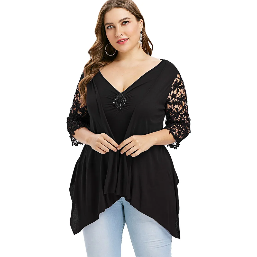 

Rosegal Plus Size Faux Twinset Lace Insert Asymmetrical T-Shirt Women Tops Casual Solid V Neck Three Quarter T Shirt 2019 Tees