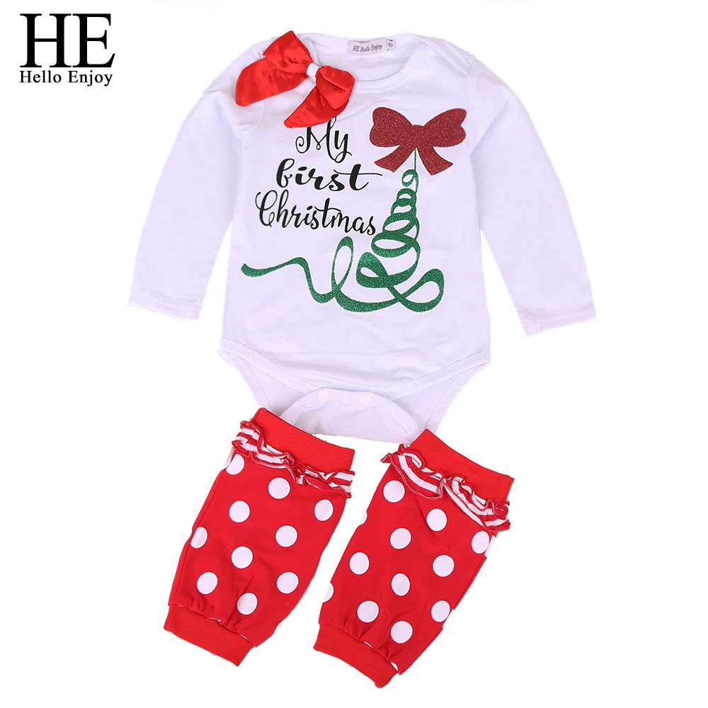 

HE Hello Enjoy Baby Girl Romper My First Christmas Long Sleeve Baby Body Jumpsuit+Red Dot Socks Suits Infantil Girl Outfits