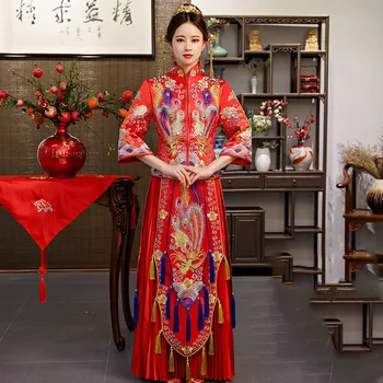 

Overseas Chinese Bride Dress Traditional Wedding Cheongsam Phoenix Royal Women Marriage Set Exquisite Suzhou Embroidery Qipao