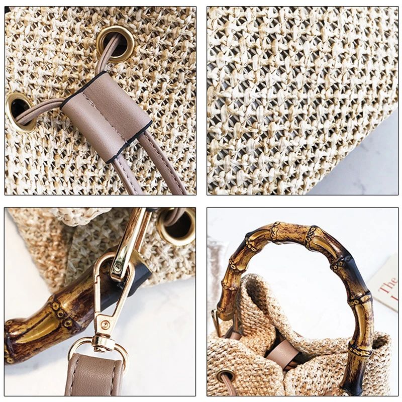 LJL New Drawstring Women's Straw Bucket Bag Summer Woven Shoulder Bags Shopping Purse Beach Handbag Straw Handbags Travel Bag