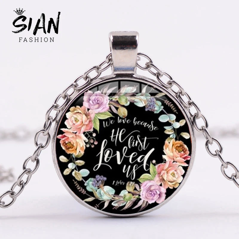 

SIAN Fashion Psalm Necklace Art Picture 3D Printed Glass Cabochon Pendant Necklace Bible Verse Quote Jewelry Gift for Christian
