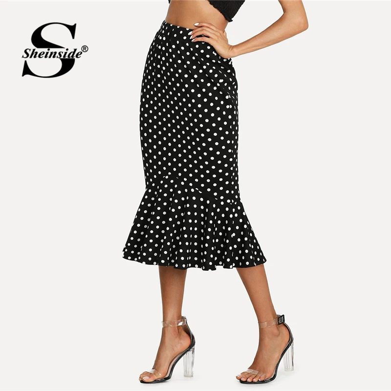 Goedkoop Sheinside Ruche Zoom Fishtail Rok Zwart wit Stip Stretchy Rok Vrouwen Zomer Mid Taille Schede Casual Rokken