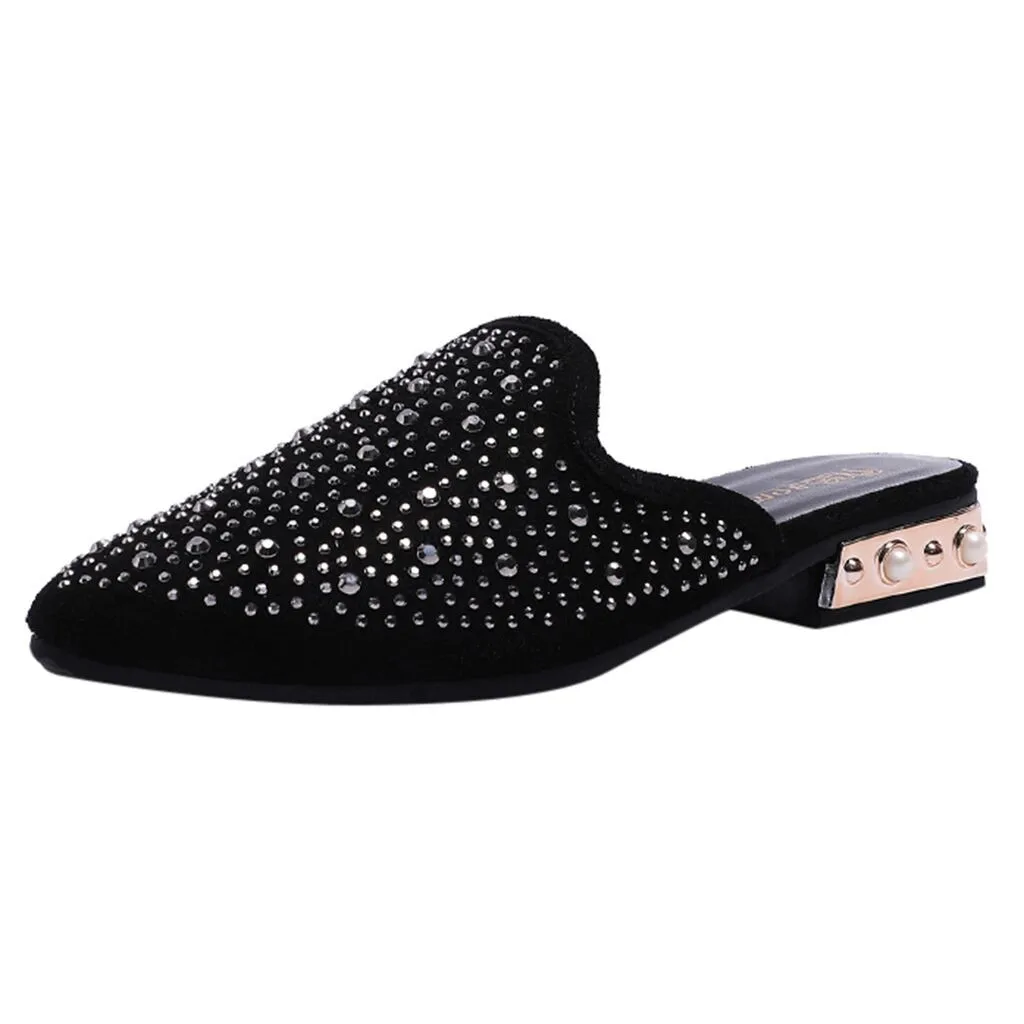 SAGACE/женские босоножки на высоком каблуке в стиле ретро; стразы; повседневные женские туфли с острым носком; однотонные уличные шлепанцы без застежки - Цвет: Черный