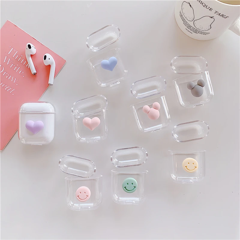 3D Cute Cartoon Airpod Case Cover Smile Heart Clear Hard PC Earphone Protective Cases Airpods 2 Case Transparent Airpods 1 Coque