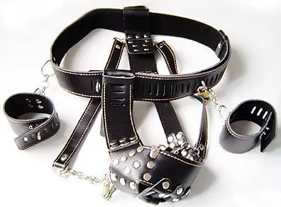 Male Leather Chastity Cage With Penis Rings And Handcuffs Men Sex ...