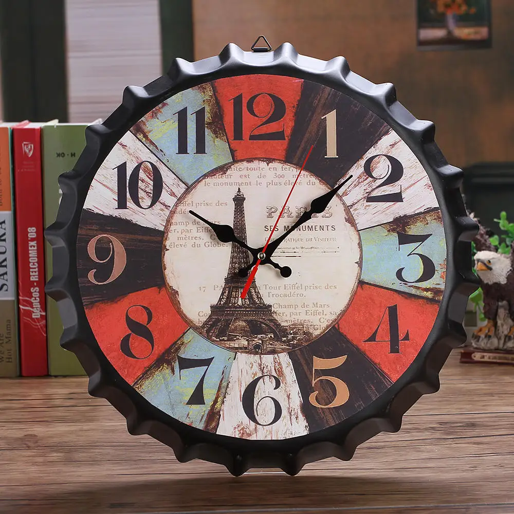 

Home Decor Wine Bottle Cover Shape Round Metal Clocks Retro Wall Clocks Creative Tower Stars Pattern Wall Clocks
