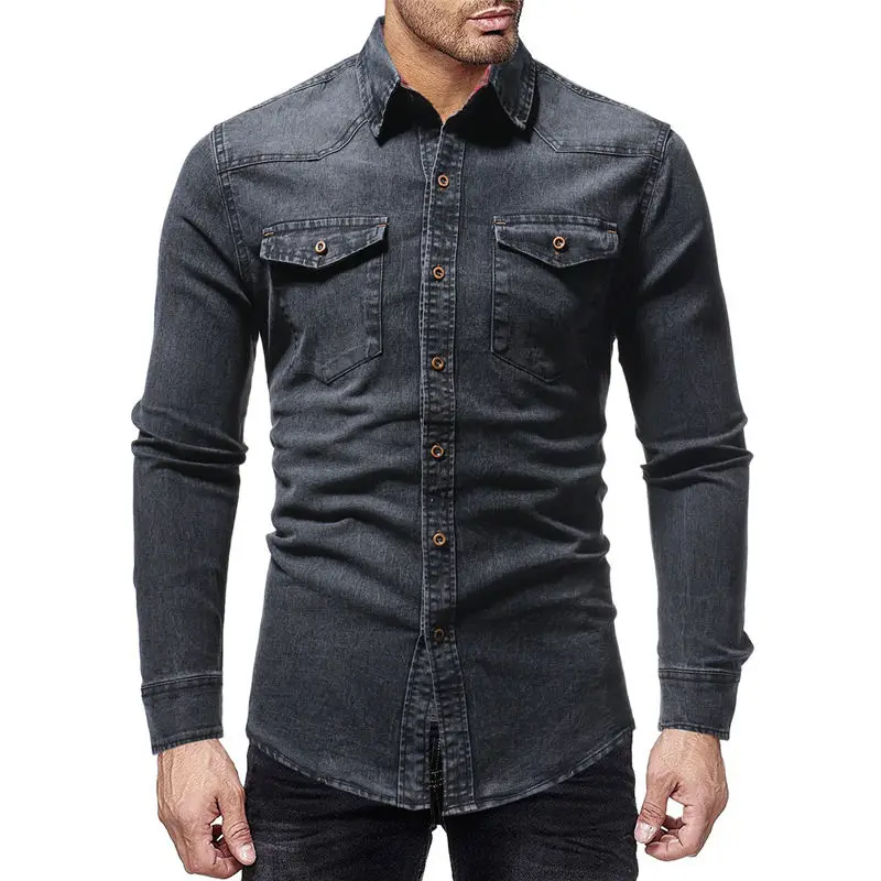 TANG черная джинсовая рубашка мужская повседневная Облегающая рубашка с длинным рукавом Осень хлопок джинсовая рубашка мужская одежда Большие размеры - Цвет: 2