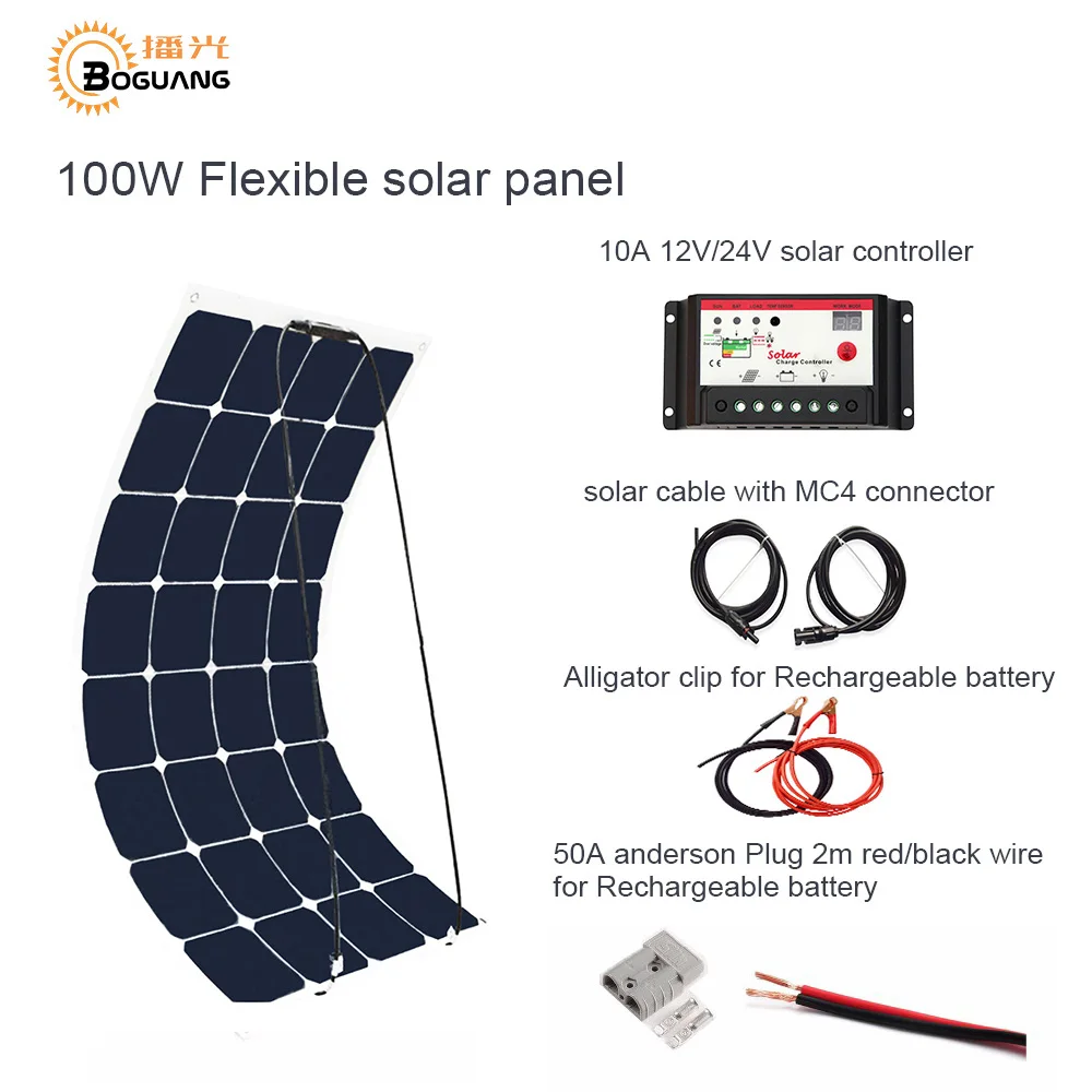 

Boguang 100W DIY RV/Marine Kits Solar System 1x100W flexible solar panel 12V,1x 10A 12V solar controller set cables cheap .