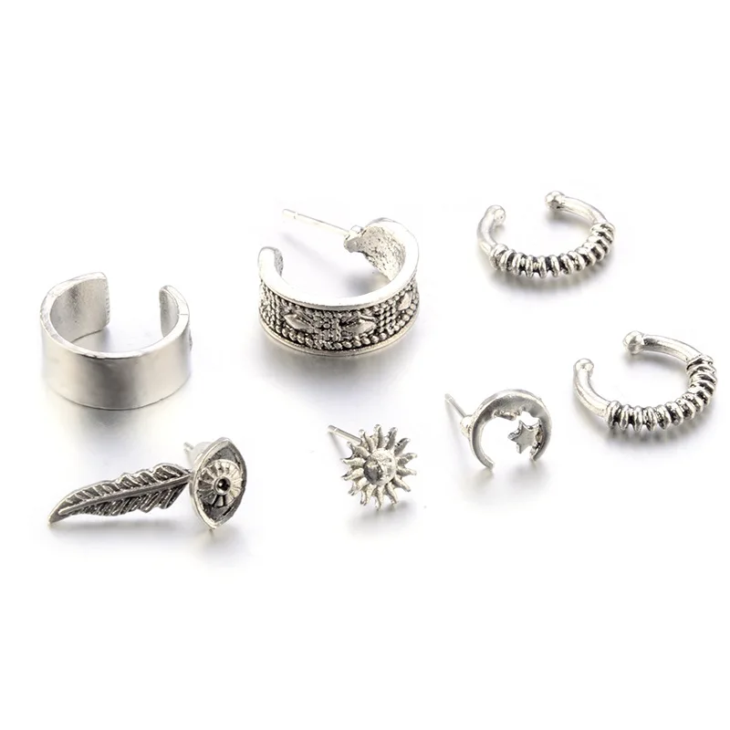 

7 pcs/set Ethnic Bohemia Silver Color Jewelry Ear Clip Stud Earring Geometric Feather Leaf Sun Moon Earrings For Women