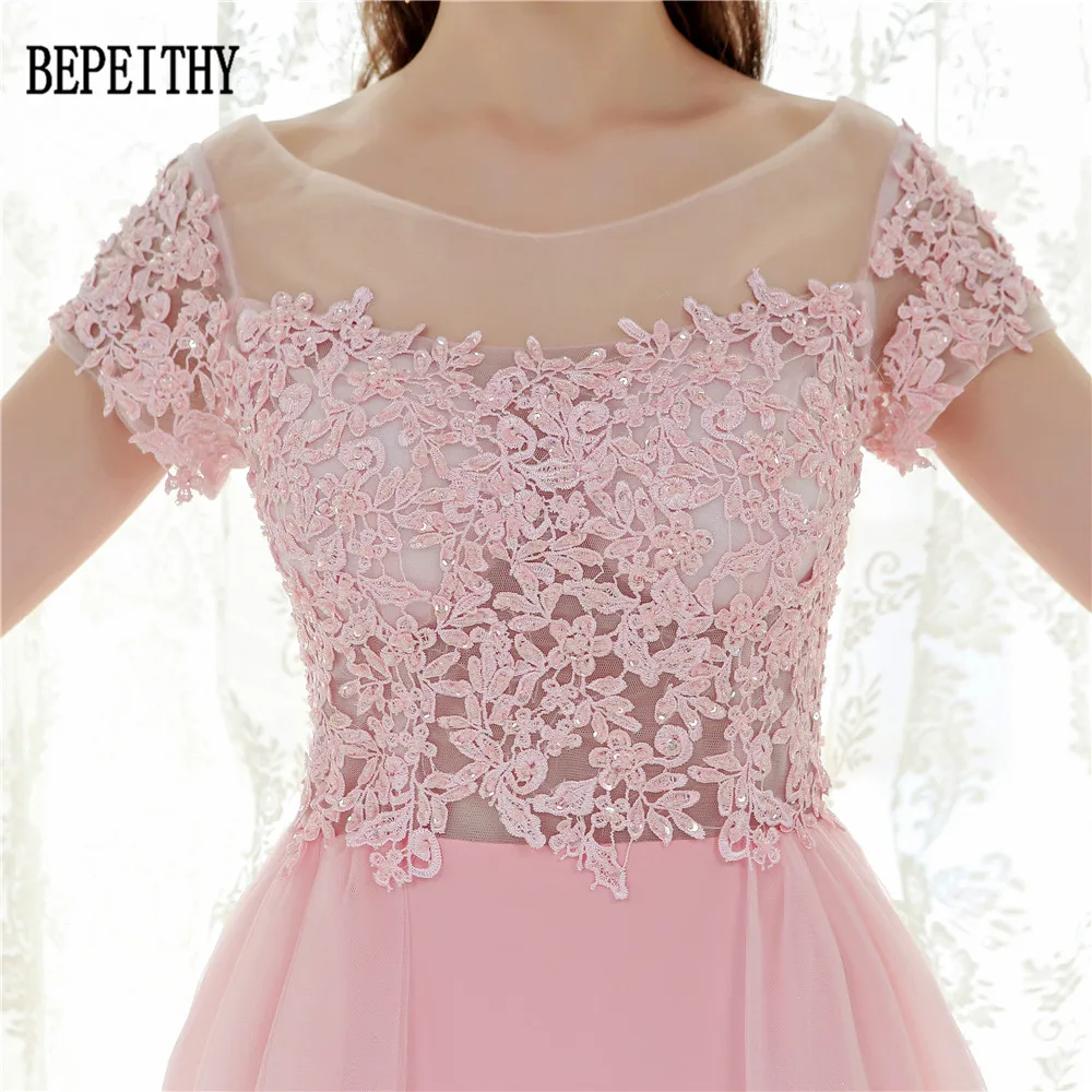 02  BEPEITHY Vestido De Festa Short Sleeves Pink Chiffon Long Prom Dresses Mermaid Evening Dress Party Elegant 2017 (7)