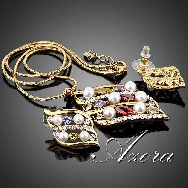AZORA/изумительные серьги-гвоздики и ожерелье с австрийскими кристаллами золотого цвета Stellux TG0016