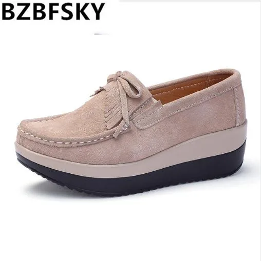 

BZBFSKY 2018 Spring Women Platform Sneakers Shoes Leather Suede Fringe Slip-On Shoes Creepers Moccasins Chaussures Femme