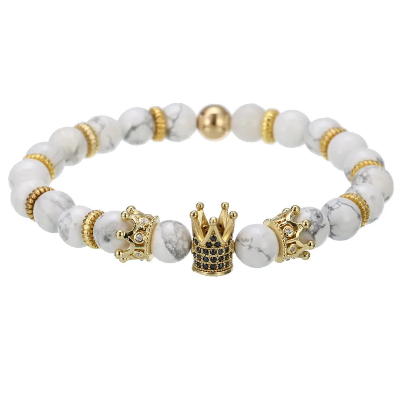

Natural Howlite Lava Red Tiger Eye Stone Bead Women Men's Bracelets CZ King Crown Charm Bracelets For Fashion Jewellery