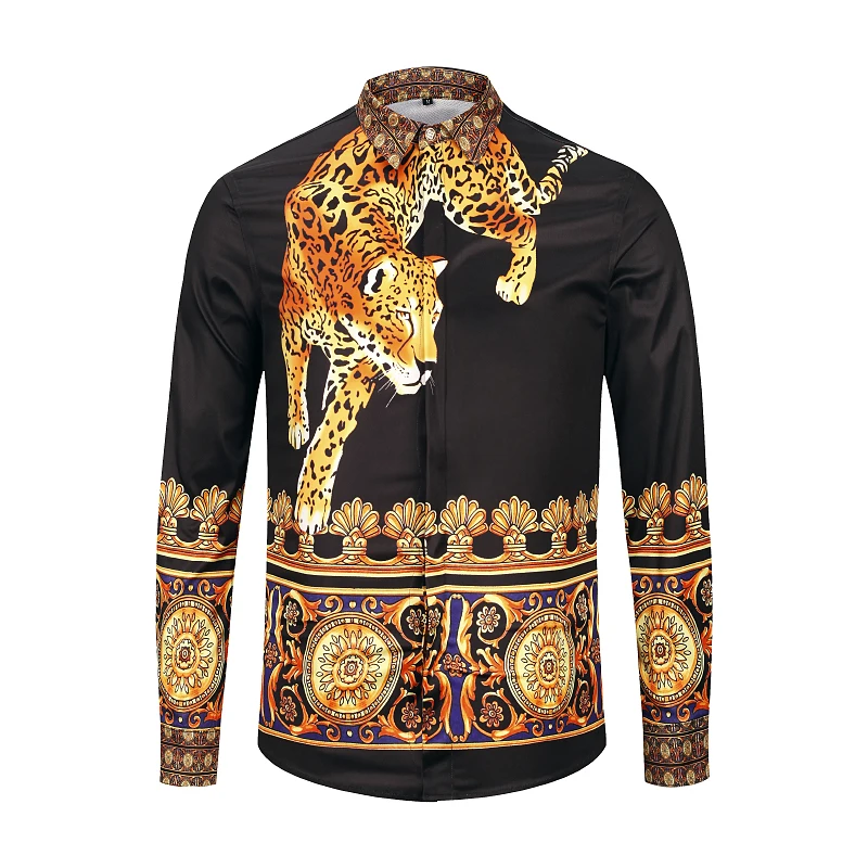 

2019 Camisas Hombre Mens Shirt Long Sleeve Fashion Pattern Print Leopard Casual Slim Fit Hawaiian Shirts M To XXXL