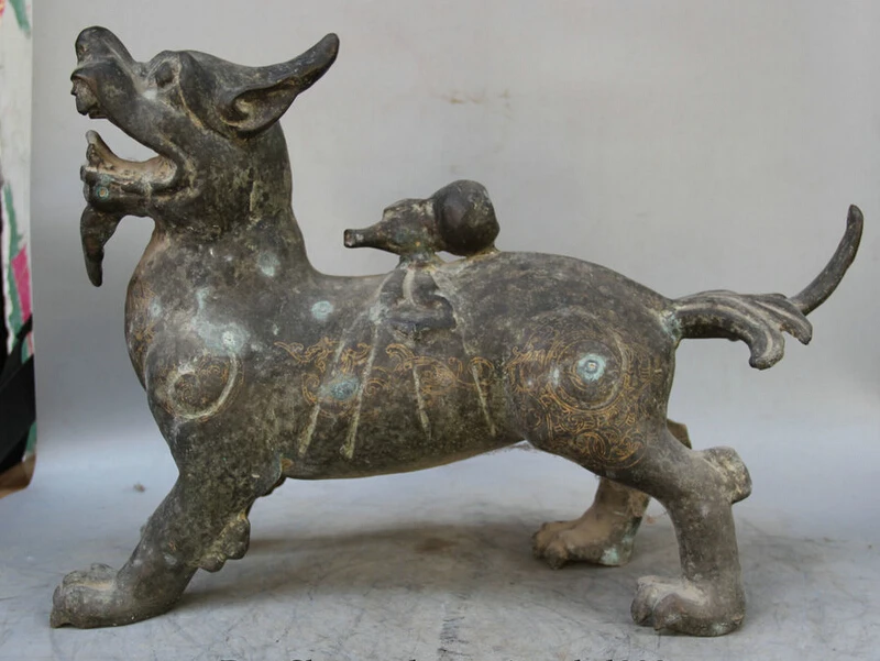 

S1747 19" Old Chinese Bronze exorcise Unicorn Beast Pi Xiu cucurbit Statue sculpture D0318