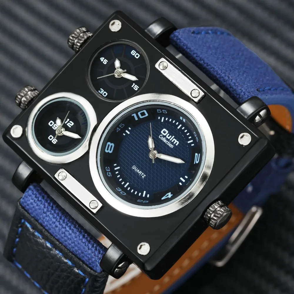 OULM Unique Fashion Canvas Men Watches Military Sports Design 3 Time Zones Rectangle Quartz Wrist Watches