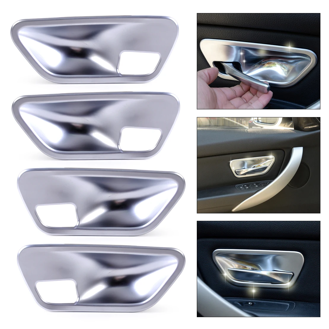 beler 4Pcs Silver Chrome Plated font b Interior b font Door Handle Cup Bowl Cover Trim