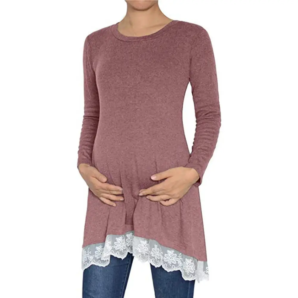 TELOTUNY, женская блузка, полиэстер, для беременных, длинный рукав, модные топы, кружево, для беременных, одноцветная, Повседневная Блузка, одежда, Feb12 - Цвет: Pink