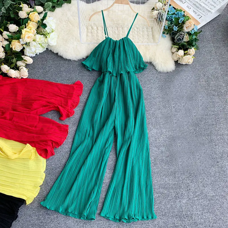 

Summer Holidays Beach Sexy Solid Pleated Ruffled Rompers Women's Sling Off-shoulder Jumpsuits