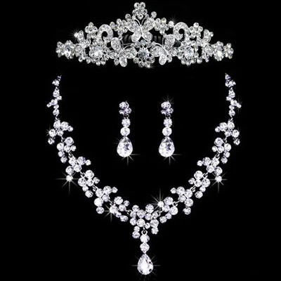 Design de Moda Flor De Cristal Pérola Da Noiva 3 pcs Set Colar Brincos Tiara Tiara De Noiva Conjunto De Jóias de Casamento Para As Mulheres (3)