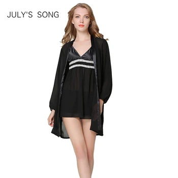 

JULY'S SONG 3 Piece Lace Pajamas Suit Spring Summer Faux Silk Nightdress Women V-neck Suspender Skirt Shorts Long sleeve Robe