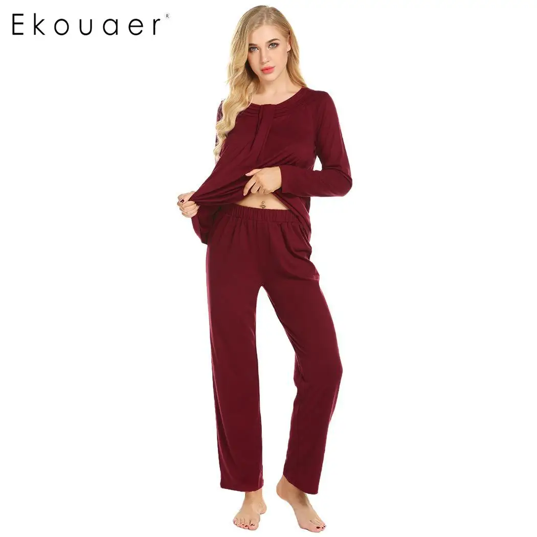 

Ekouaer Women Pajama Sets Nightwear Front Pleats Long Sleeve Elastic Waist Pants Sleepwear Pajamas Set Homewear Autumn Winter