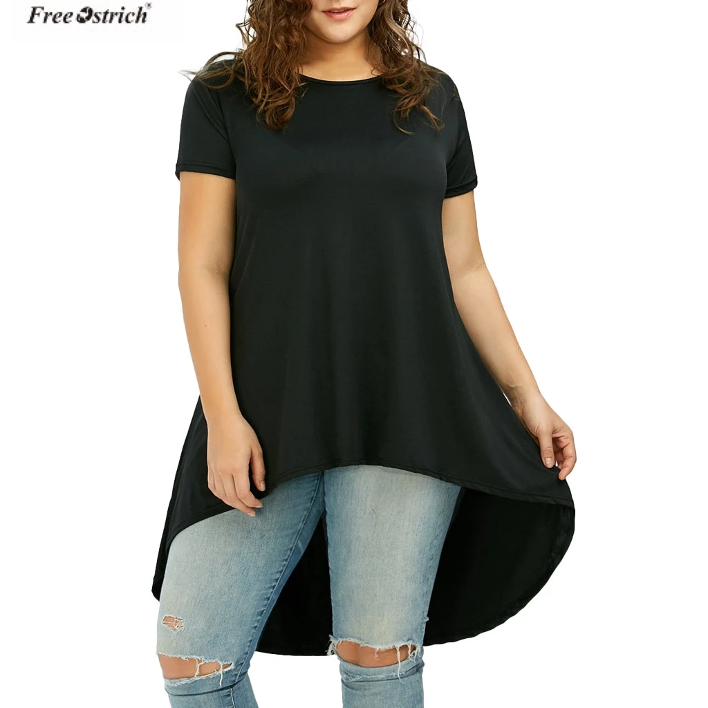 FREE OSTRICH 5XL Women Plus Size Black O-Neck Short Sleeve Asymmetric Retro T-Shirt Tops vintage women clothes 2019 | Женская одежда
