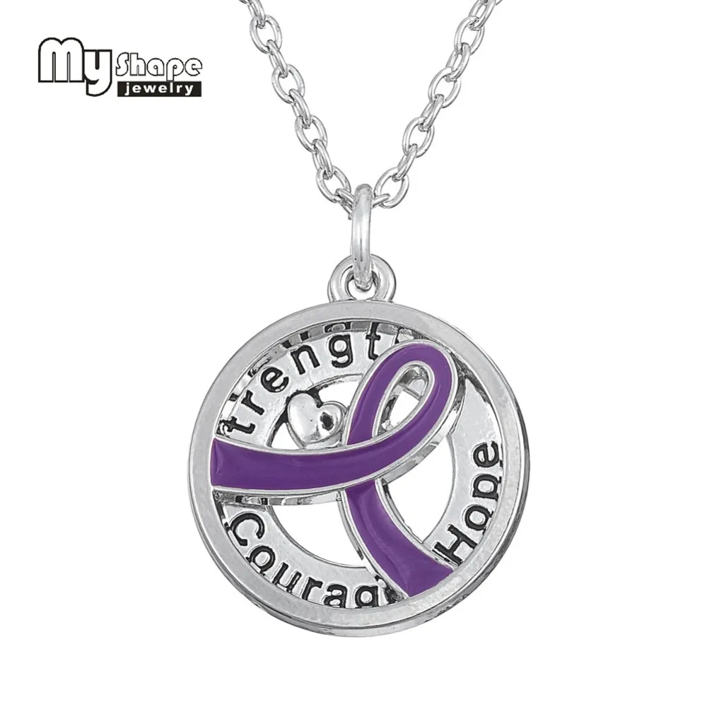 

My Shape 1pc Breast Cancer Awareness Necklace Women Jewelry with Strength Hope Courage Words Charm and Purple Ribbon Pendant