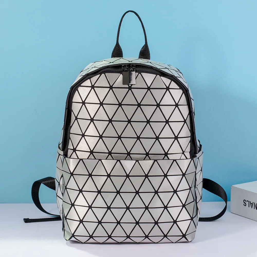 

Shinny Silver Plaid Diamond Geometric Triangle Patchwork Laser Hologram PU Teenagers School bag Girl Folding Mini Women Backpack