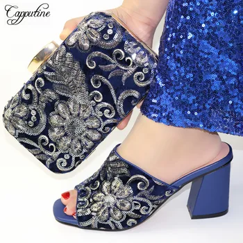 

Graceful dark blue flock design shoes and purse bag sets with sequins nice matching for lady dress T8108, heel height 8cm