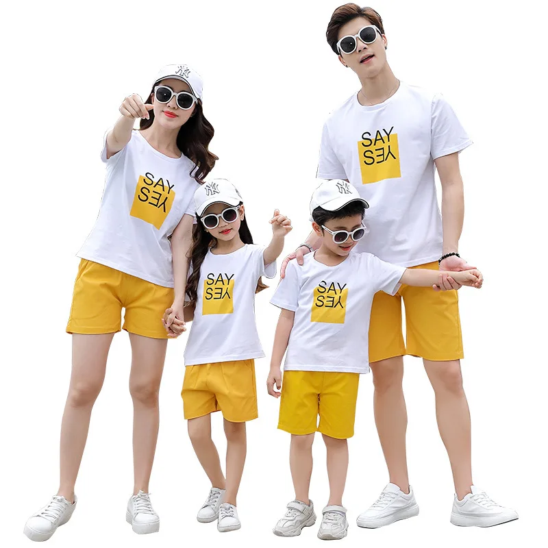 

New Summer Sport family matching clothes Mother Father Girl Boy Family cotton White Tshirts & Yellow Shorts 2pcs/Sets