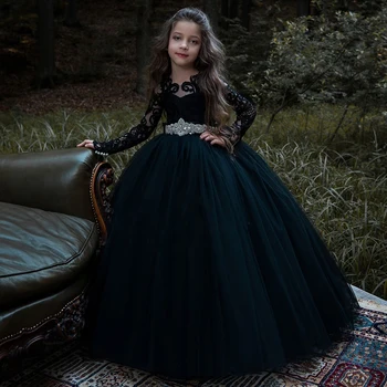 Flower Girls Dress For Wedding Long Sleeves Lace Appliques Ball Gown Elegant Girls Birthday Dress Pageant Gowns with Bow new girls puffy dress with bow ball gown flower girls dresses for wedding baby girls birthday party dress pageant gown