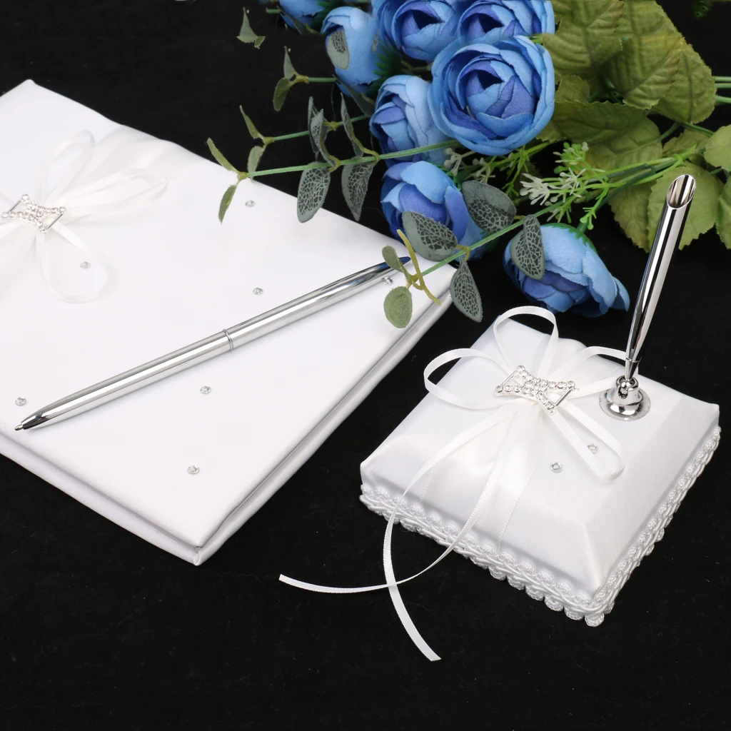 

White Wedding Guest Register Comment Book Silver Pen Set Crystal Bow Ribbon