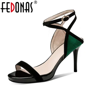 

FEDONAS Fashion Mixed Colors High Heels 2019 New Kid Suede Women Sandals Summer Elegant Round Toe Shoes Woman Party Prom Shoes