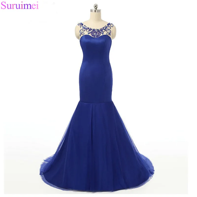9 Mermaid Evening Dress Evening Party 2018 High Quality Scoop Beaded Crystals Tulle Royal Blue Long  Dress Robe De Soiree