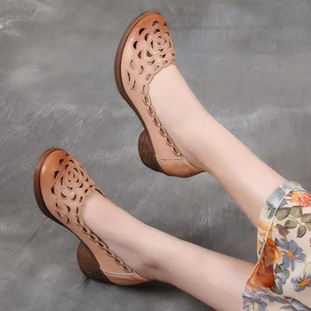 

Women Pumps Thick heel Genuine Leather Round Toe Hollow Woman Shoes Spring Summer Elegant Shallow Ladies sandals Zapatos De Muj