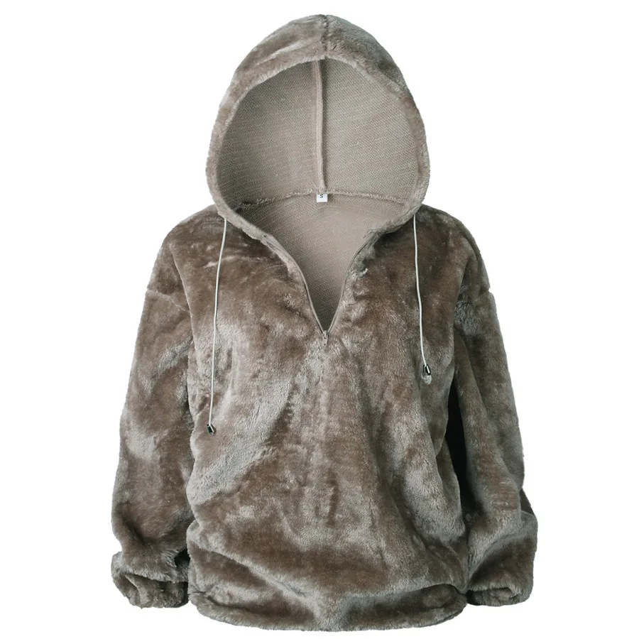 Gladiolus 2018 Autumn Winter Faux Fur Coat Women Long Sleeve Zipper Furry Loose Warm Hooded Jacket Women Coat Fashion Overcoat (38)