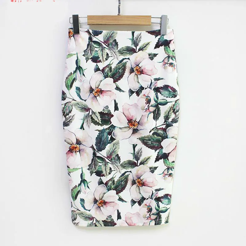 

Summer Style Pencil Skirt Women High Waist Green Skirts Vintage Elegant Bodycon Floral Print Midi Skirt