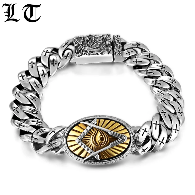 

LT Solid 925 Silver Eye Of Horus Men Bracelet Punk Rock Gold Vintage Flower Cross Sterling Silver Bracelets Jewelry For Male