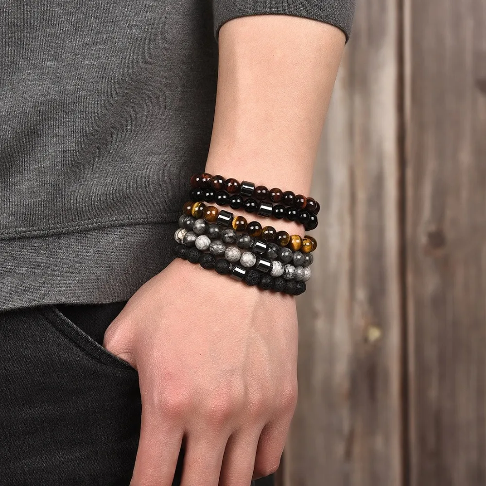 

OBSEDE Trendy Handmade Natural Lava Stone Geometric Beaded Men Bracelets Couple Fashion Jewelry Male Gift