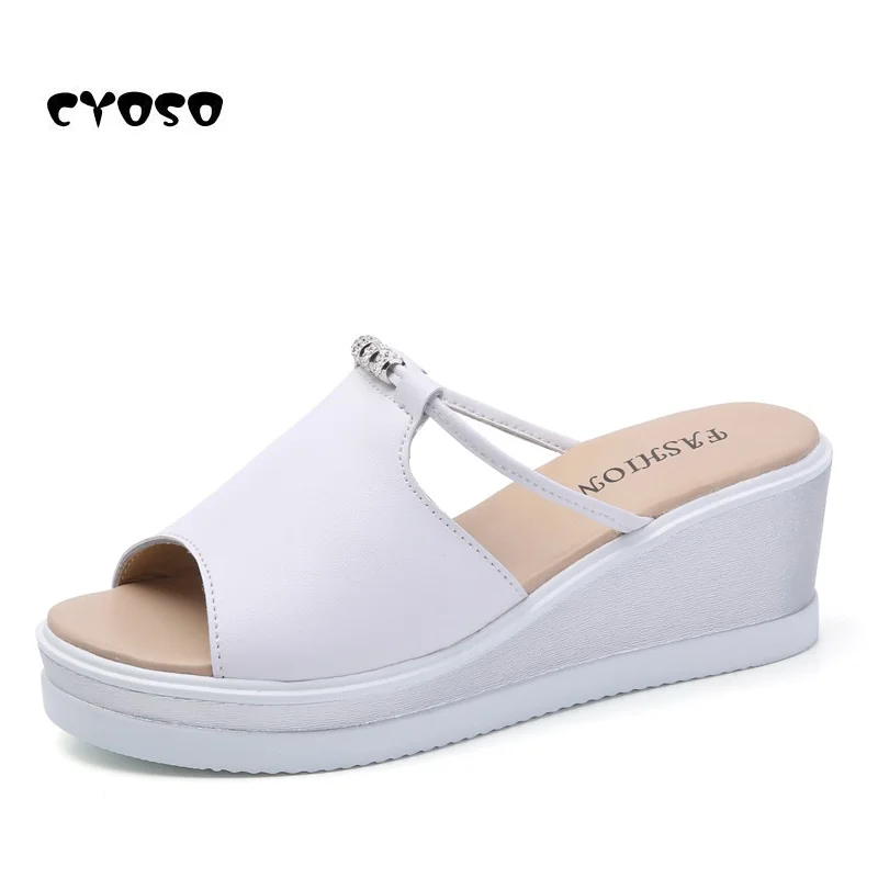 

2017 Summer New Leather Women Slippers Fashion Ladies Shoes Casual Wedges Beach Shoes Women's Slides