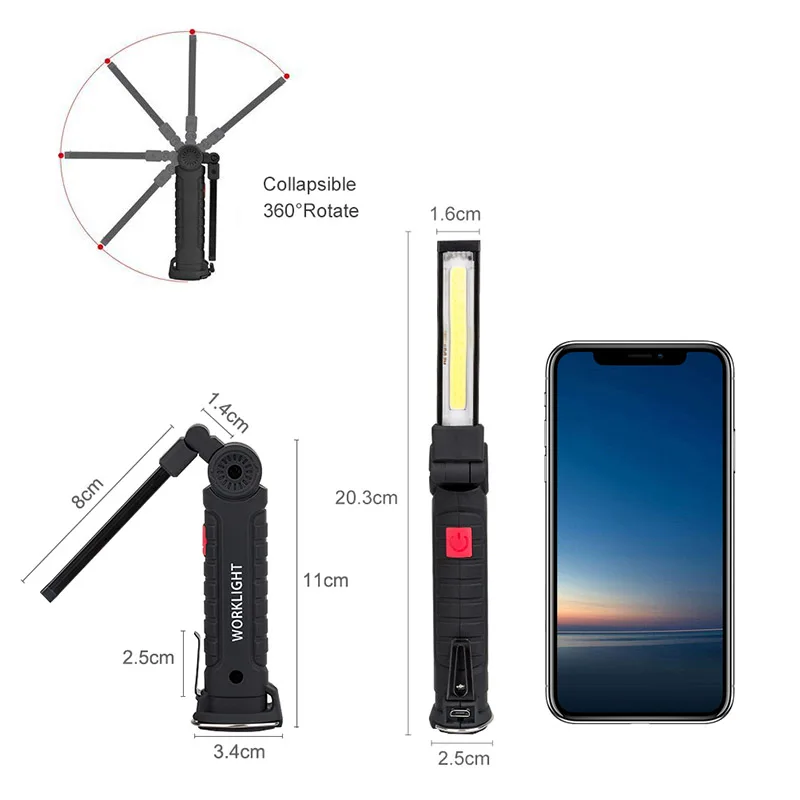 Conduziu a Luz de Inspeção do Trabalho Modos Recarregável Lanterna Magnética Gancho Pendurado Tocha Lâmpada Bateria Embutida Cob 5 Usb 8 High Quality Luzes e Iluminação