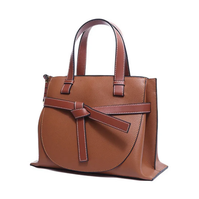 

Bucket Bag 2019 Autumn and Winter New Retro Caramel Brown Knotted Shoulder Diagonal Handbag Leather Handbag