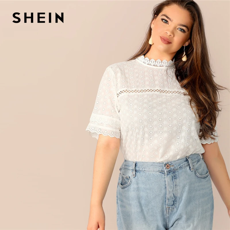 

SHEIN Boho Plus Size White Contrast Lace Insert Schiffy Stand Collar Plain Top Blouse Women 2019 Spring Casual Top Blouses
