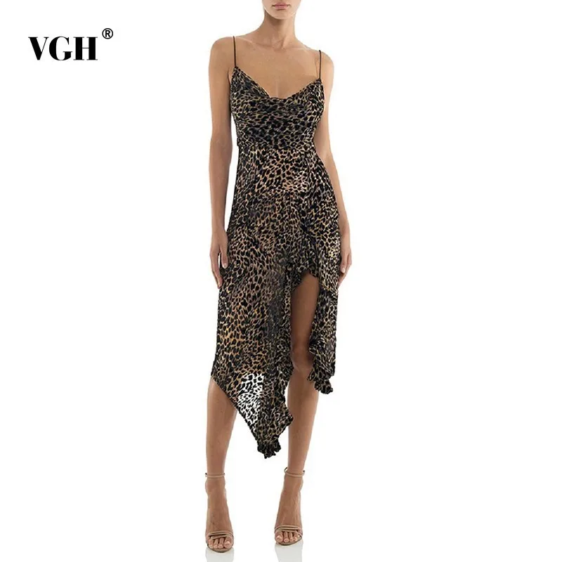 

VGH Summer Leopard Hem Asymmetrical Dress For Women Strap V Neck Sleeveless Off Shoulder Female Dresses 2019 Fashion New Vintage